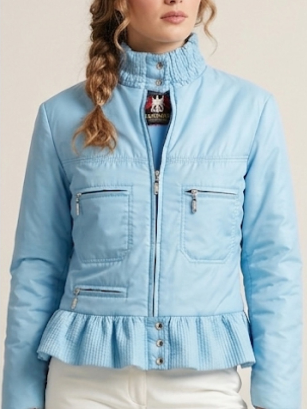 Women's Powder Blue Quilted Ski Jacket with Ruffle Hem